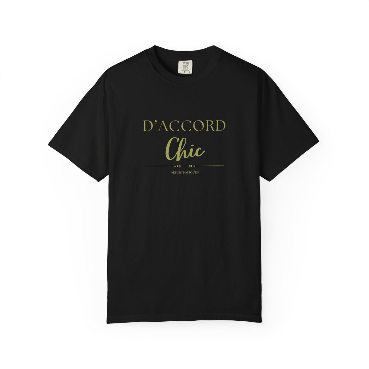 black t-shirt with a decorative cross design on a white background