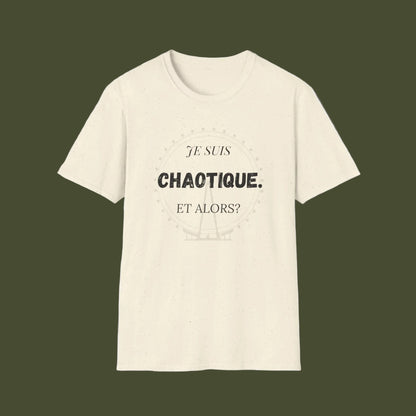 Beige t-shirt with black text on a white background