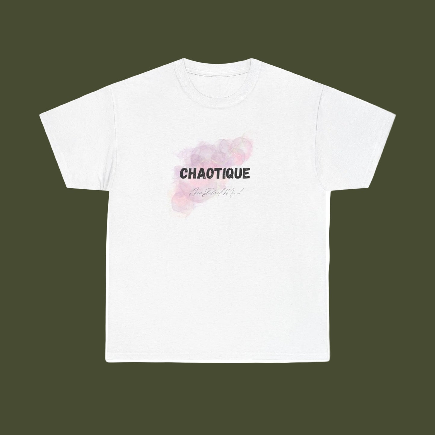 White t-shirt with pink floral design and 'CHAOTIQUE state of mind' text on a white background