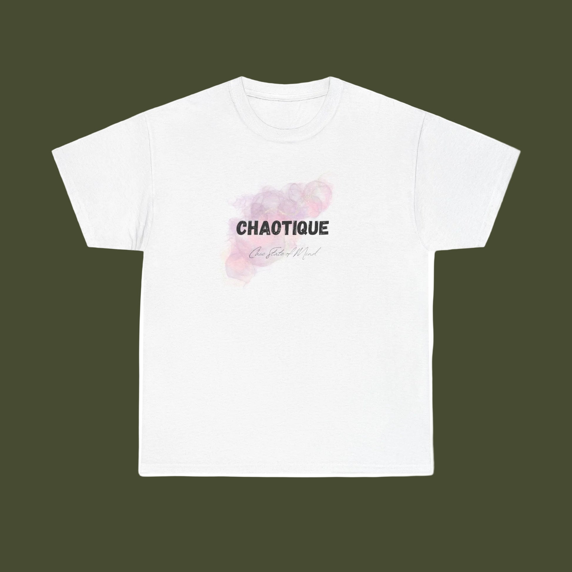 White t-shirt with pink floral design and 'CHAOTIQUE state of mind' text on a white background