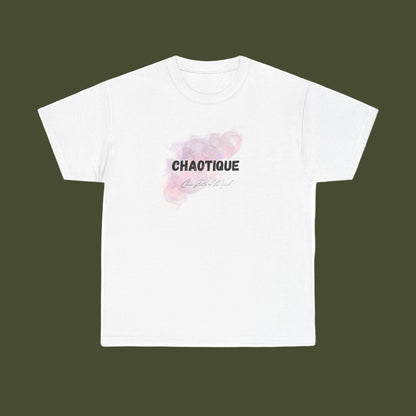 White t-shirt with pink floral design and 'CHAOTIQUE state of mind' text on a white background