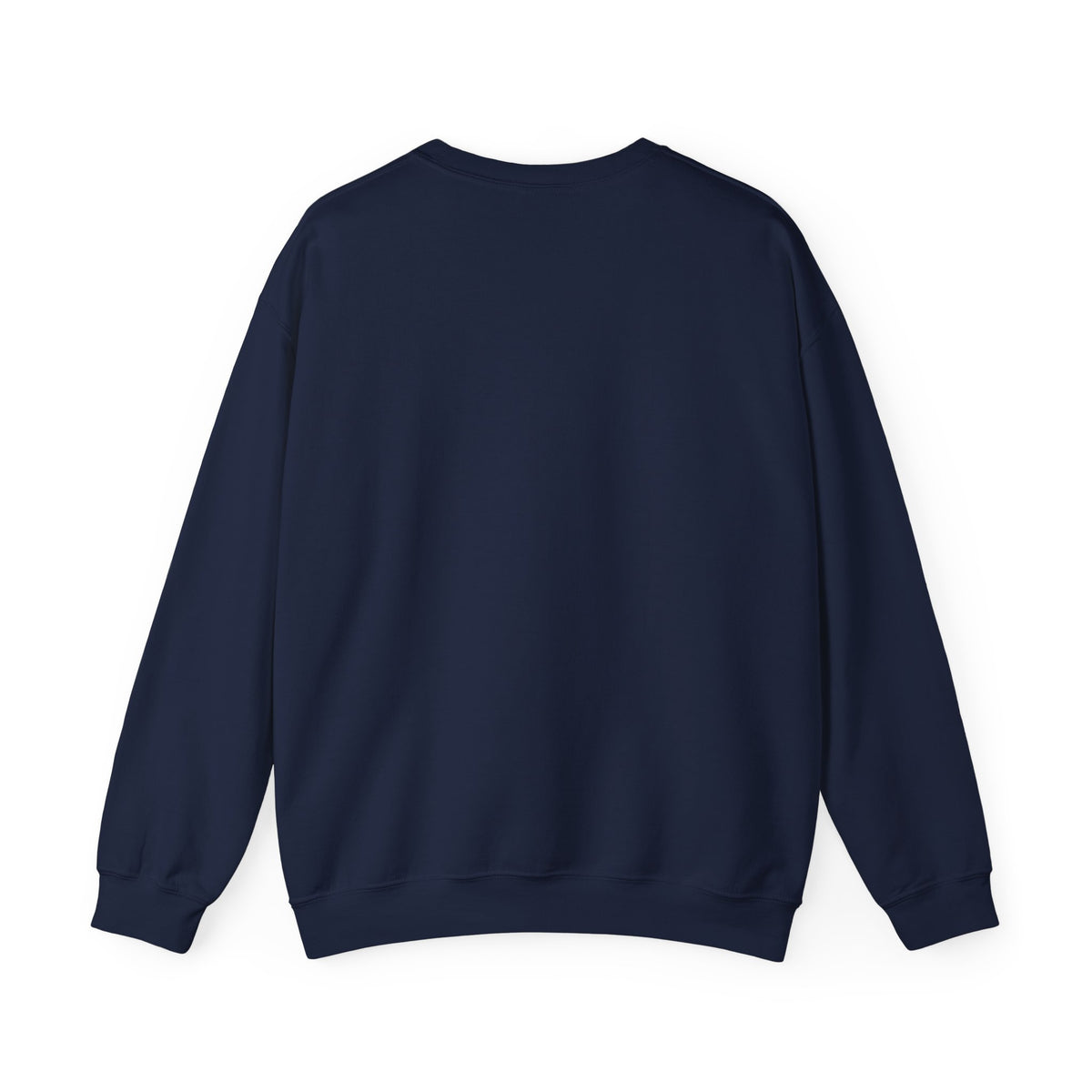 A navy crewneck sweatshirt from back, with a bright orange “PARISIENNE” graphic, Paris skyline design, and “CHIC À MA FAÇON” text on the chest, displayed against a clean white background.