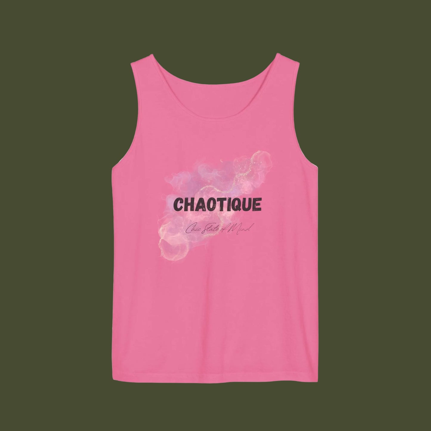 Pink tank top with 'CHAOTIQUE' text and abstract designs on a white background