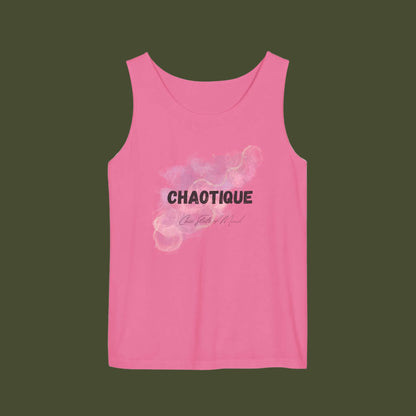 Pink tank top with 'CHAOTIQUE' text and abstract designs on a white background