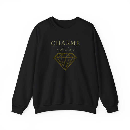 A black CHARME CHIC crewneck sweatshirt featuring gold-toned typography and a diamond graphic on the front, displayed against a clean white background.