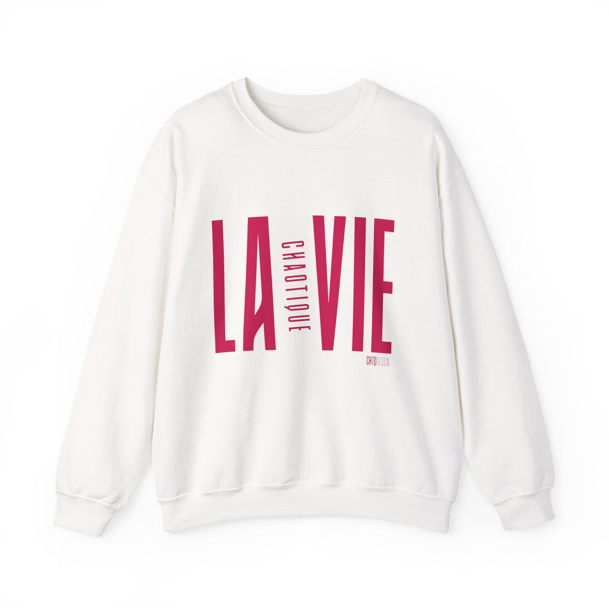 White LA VIE CHAOTIQUE crewneck sweatshirt with bold magenta front typography