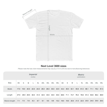 Next Level 3600 T-shirt size chart showing width, length and sleeve measurements from XS to 5XL in inches and centimeters