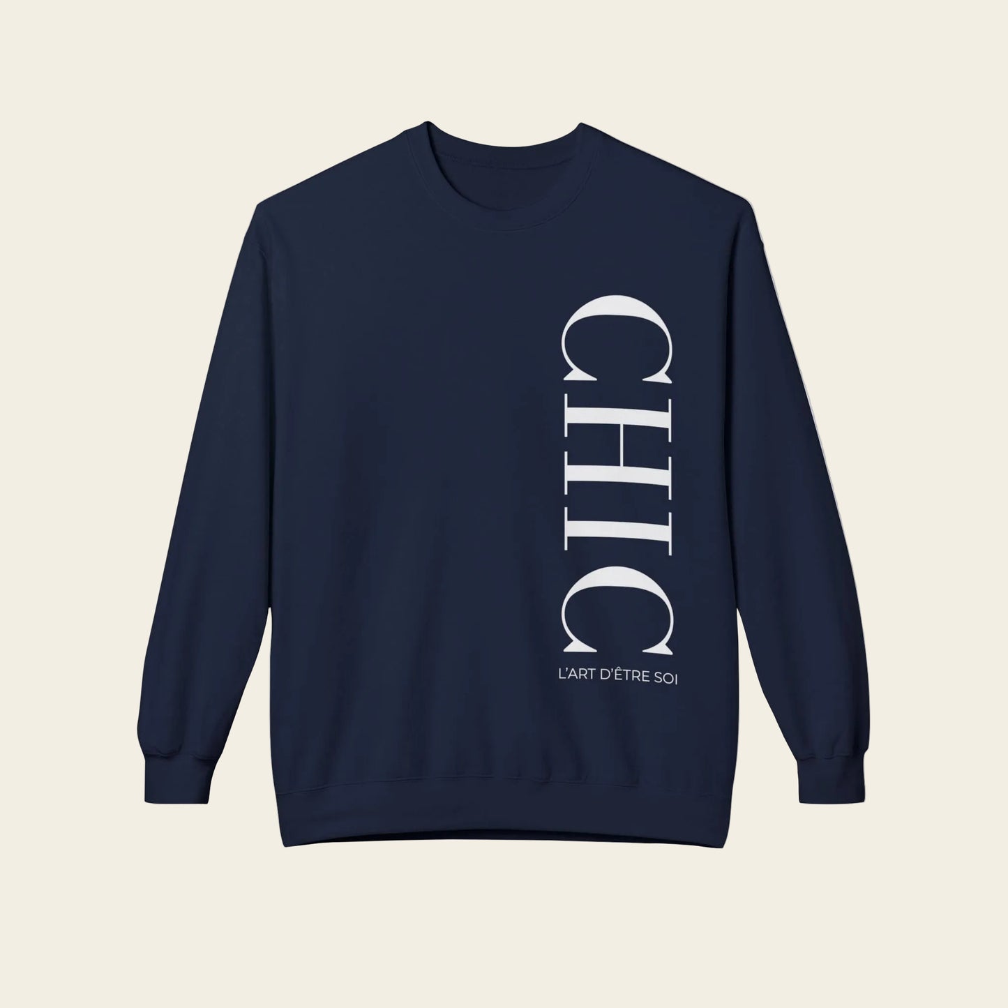 A black crewneck sweatshirt with a vertical white graphic print reading 'CHIC' and 'L'ART D'ETRE SCHIC' on the front, displayed against a solid white background.