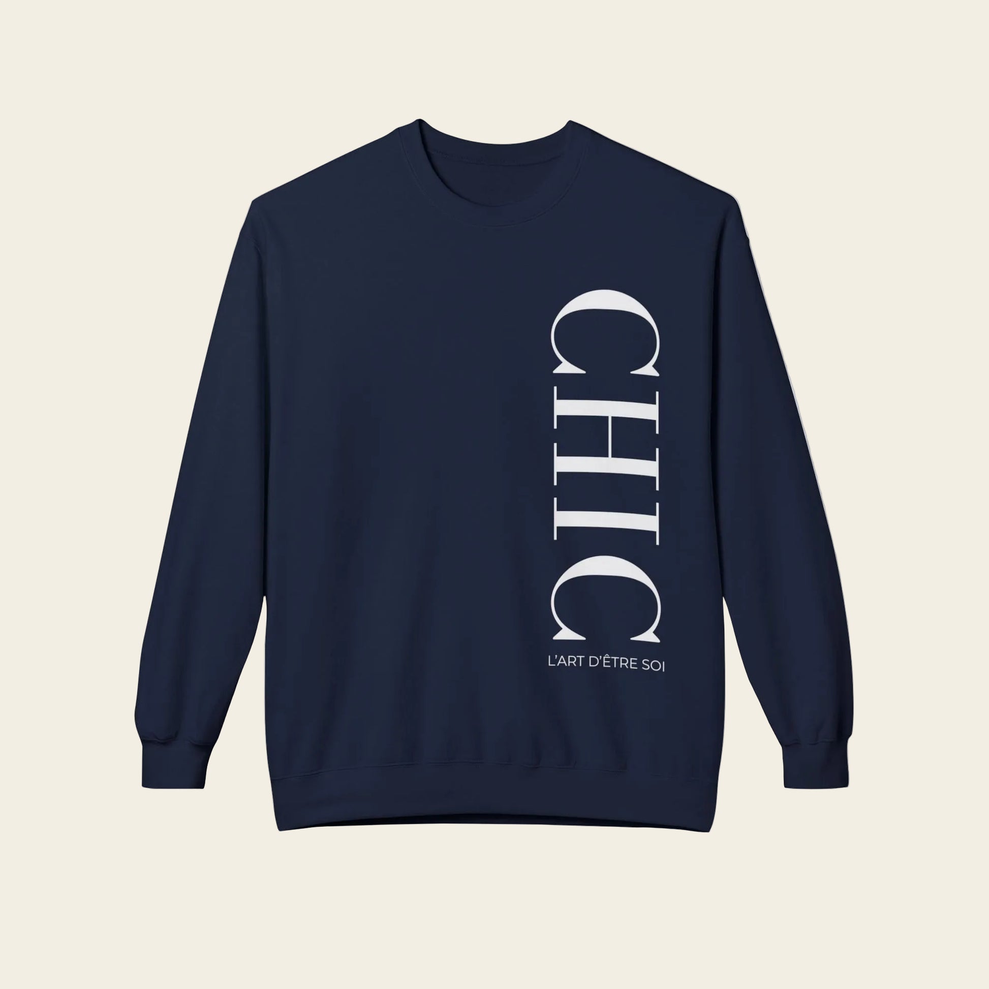 A black crewneck sweatshirt with a vertical white graphic print reading 'CHIC' and 'L'ART D'ETRE SCHIC' on the front, displayed against a solid white background.
