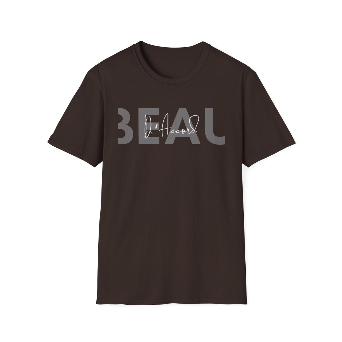 Dark chocolate brown BEAU D’Accord graphic T-shirt featuring large grey BEAU lettering with white handwritten D’Accord script across the chest.