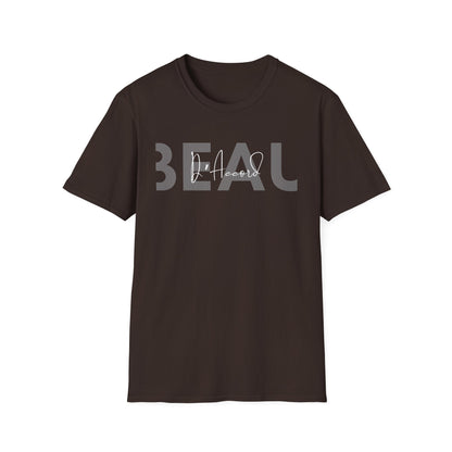 Dark chocolate brown BEAU D’Accord graphic T-shirt featuring large grey BEAU lettering with white handwritten D’Accord script across the chest.