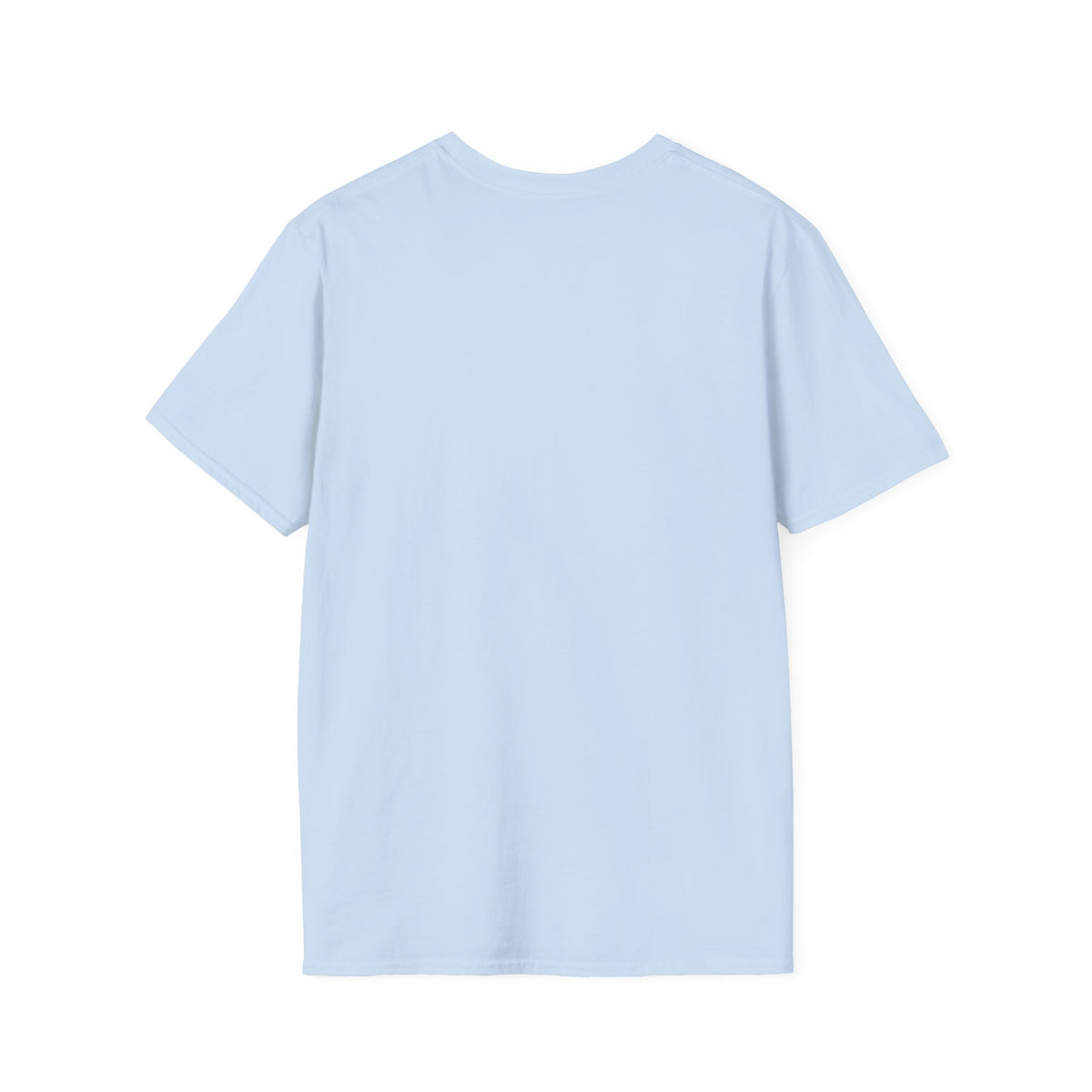 Light blue graphic T-shirt from back, featuring the text “Je Suis Chic. Et Toi?” with a heart and Eiffel Tower design, displayed against a white background.