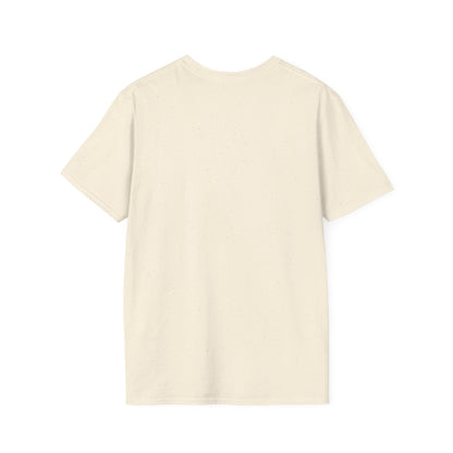 A light beige short-sleeve crewneck t-shirt from back, with the French text 'JE SUIS CHAOTIQUE BEAU' printed in black across the chest, displayed on a clean white background.