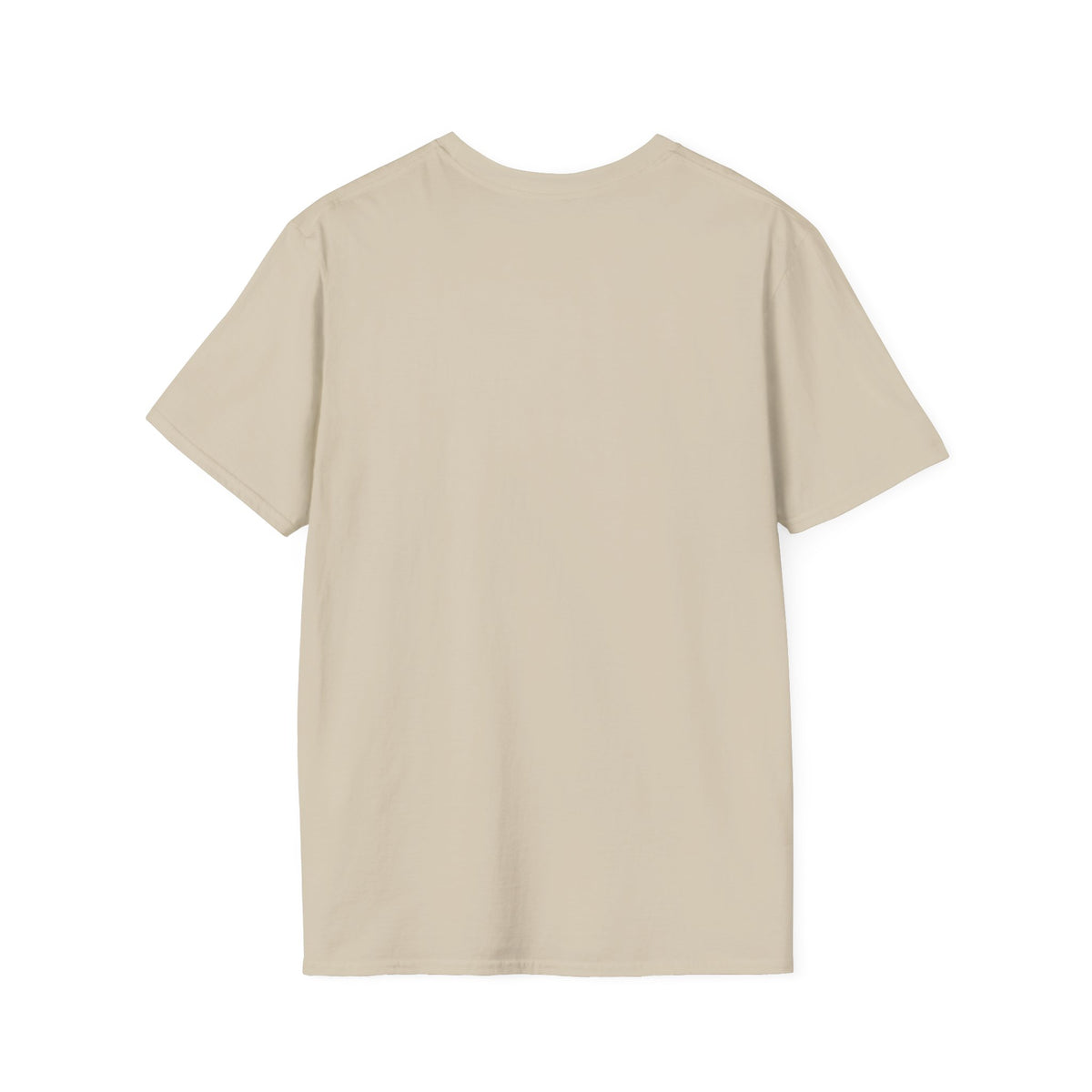 A sand beige Je Suis Chaotique Beau graphic T-shirt from back, photographed against a clean white studio background.