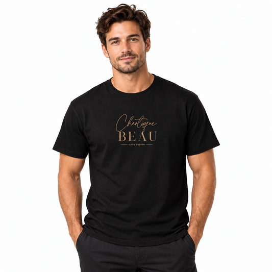 Male model wearing a black Chaotique Beau CHTQ Design graphic T-shirt with a gold-toned front print, photographed against a white studio background.
