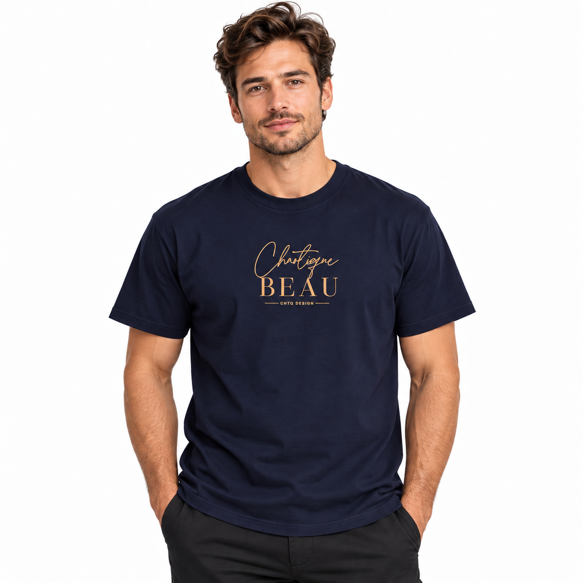 Male model wearing a navy Chaotique Beau CHTQ Design graphic T-shirt with a gold-toned front print, photographed against a white studio background.