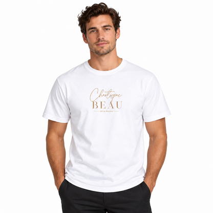Male model wearing a white Chaotique Beau CHTQ Design graphic T-shirt with a gold-toned front print, photographed against a white studio background.