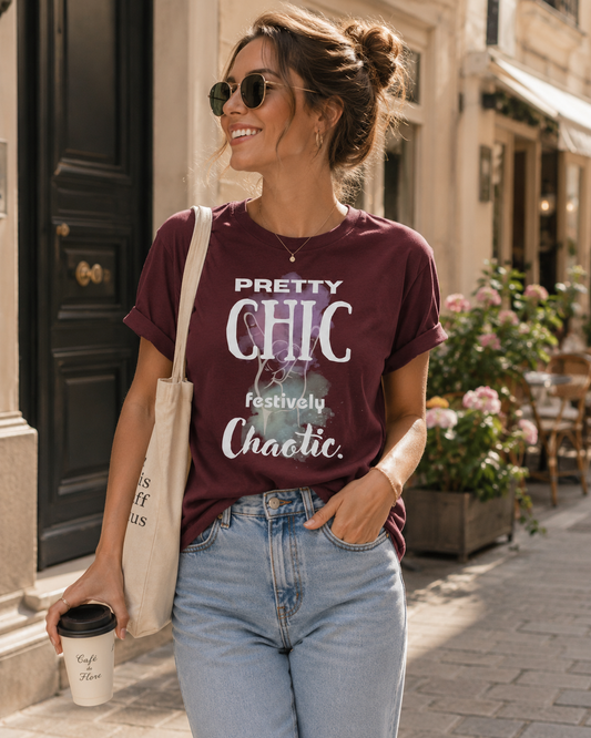 A woman wearing a maroon graphic t-shirt with the text 'PRETTY CHIC festively Chaotic.' in white and gray, paired with light blue jeans, sunglasses, and a cream tote bag, walking on a sunny street.