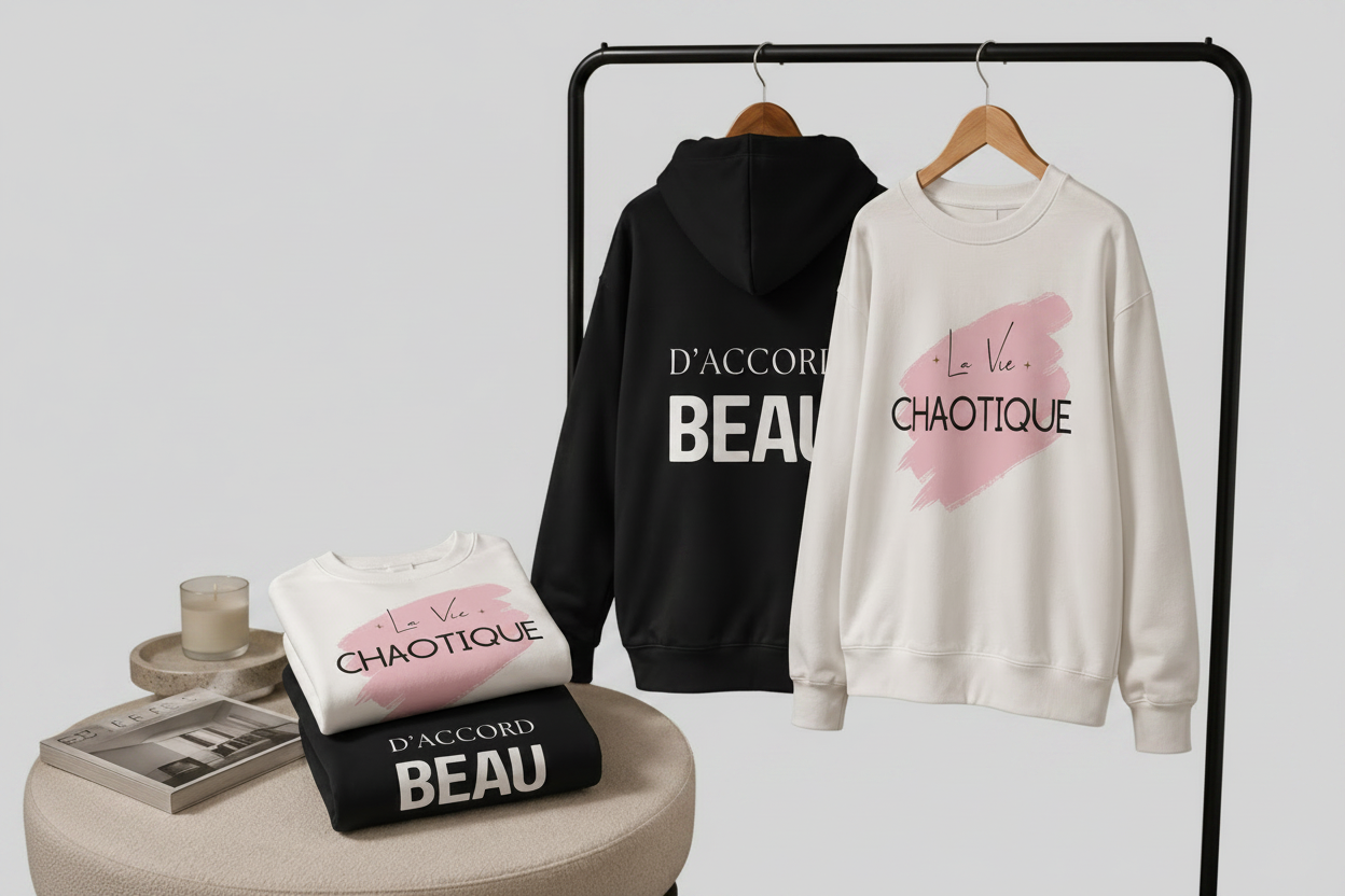 Two sweatshirts displayed on a clothing rack in a styled indoor setting: a black hoodie with large white text reading 'D'ACCORD BEAU' on the back, and a white crewneck sweatshirt with a pink brushstroke graphic and black script/text reading 'La Vie Chaotique' on the front. A folded matching sweatshirt stack sits on a round table, and a shopping bag with the same design is visible.