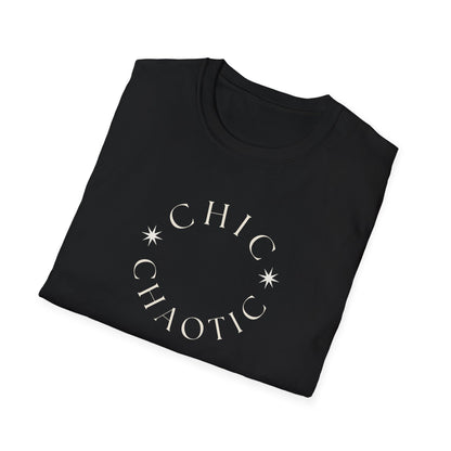 Folded black graphic T-shirt featuring a circular 'CHIC CHAOTIC' print with star details on the front, displayed against a plain white background.