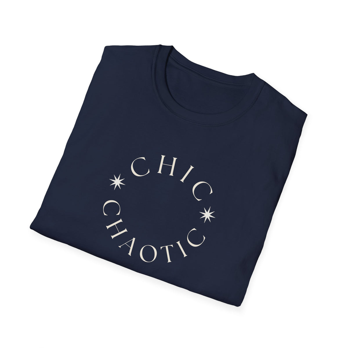 A folded navy blue crewneck t-shirt with a dark red graphic on the chest reading 'CHIC CHAOTIC' in an arc with small starburst accents, displayed on a neutral gray background.