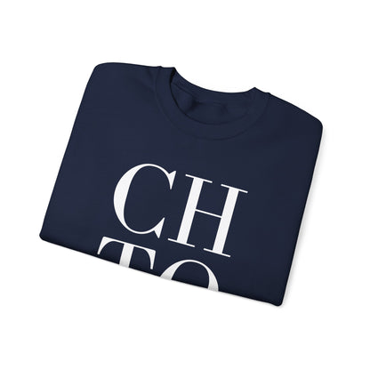 A folded navy blue crewneck t-shirt with large white text reading 'CHTQ' printed on the front, displayed on a clean white background.