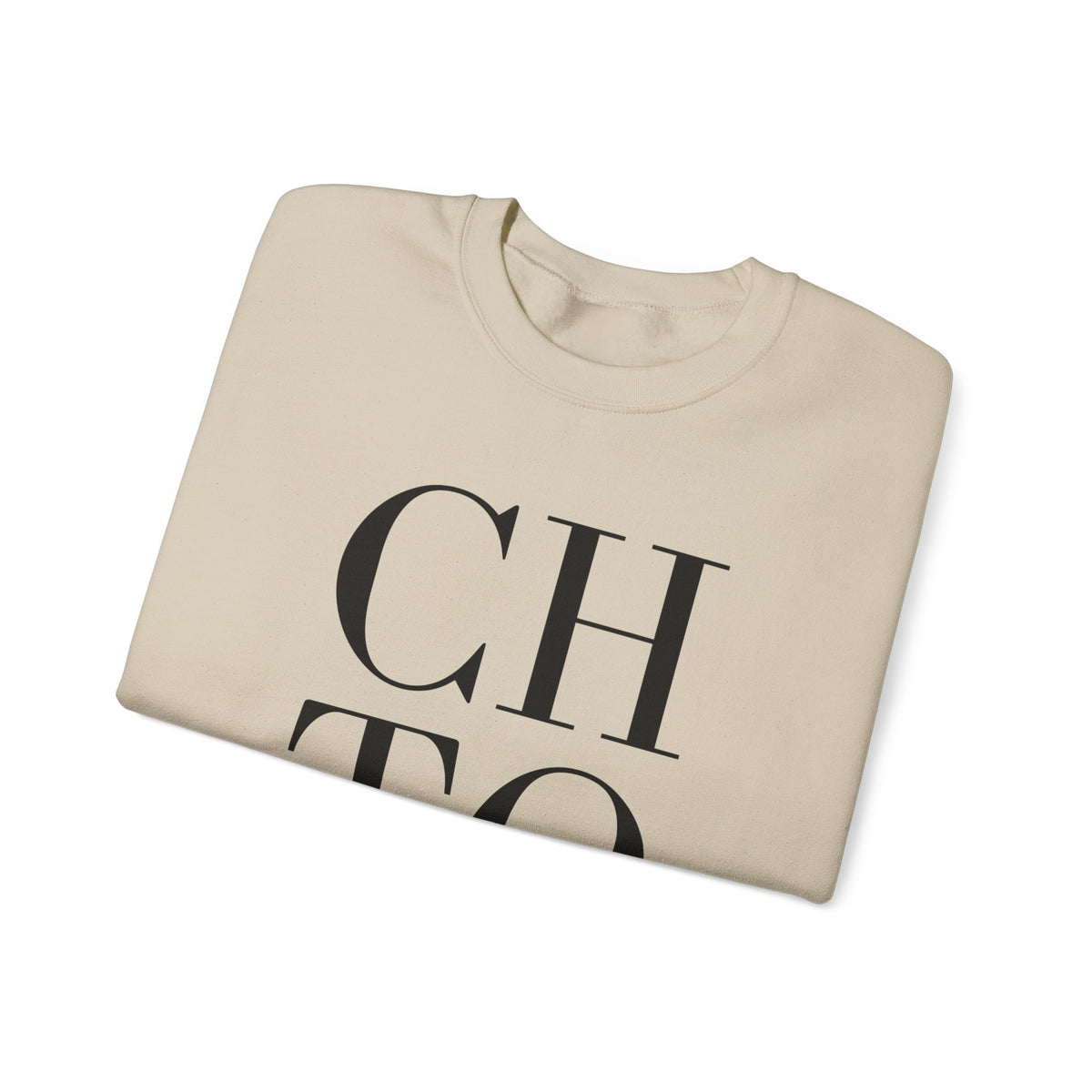 A folded beige crewneck sweatshirt with large black text reading 'CHTQ Refined Elegance' printed on the front, displayed on a clean white background.