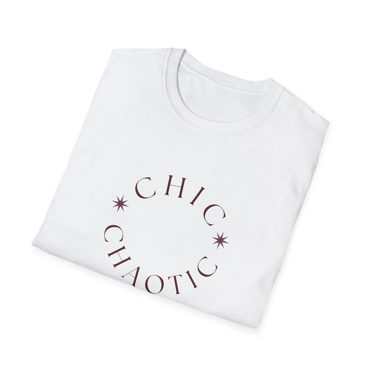 A folded white crewneck t-shirt with a dark maroon graphic print on the front that reads 'CHIC CHAOTIC' in an arc with two starburst accents, set against a plain white background.