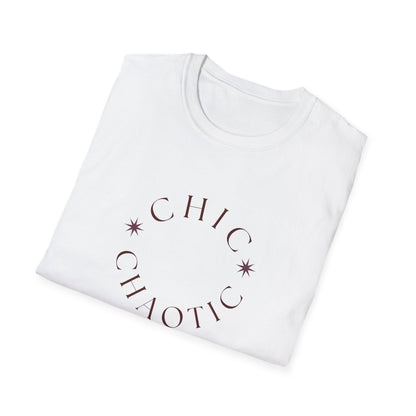 A folded white crewneck t-shirt with a dark maroon graphic print on the front that reads 'CHIC CHAOTIC' in an arc with two starburst accents, set against a plain white background.
