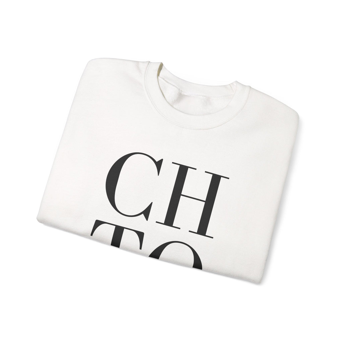 Folded off-white crewneck sweatshirt featuring a bold black graphic print on the front that reads 'CHTQ' with 'REFINED ELEGANCE' printed underneath in smaller text.