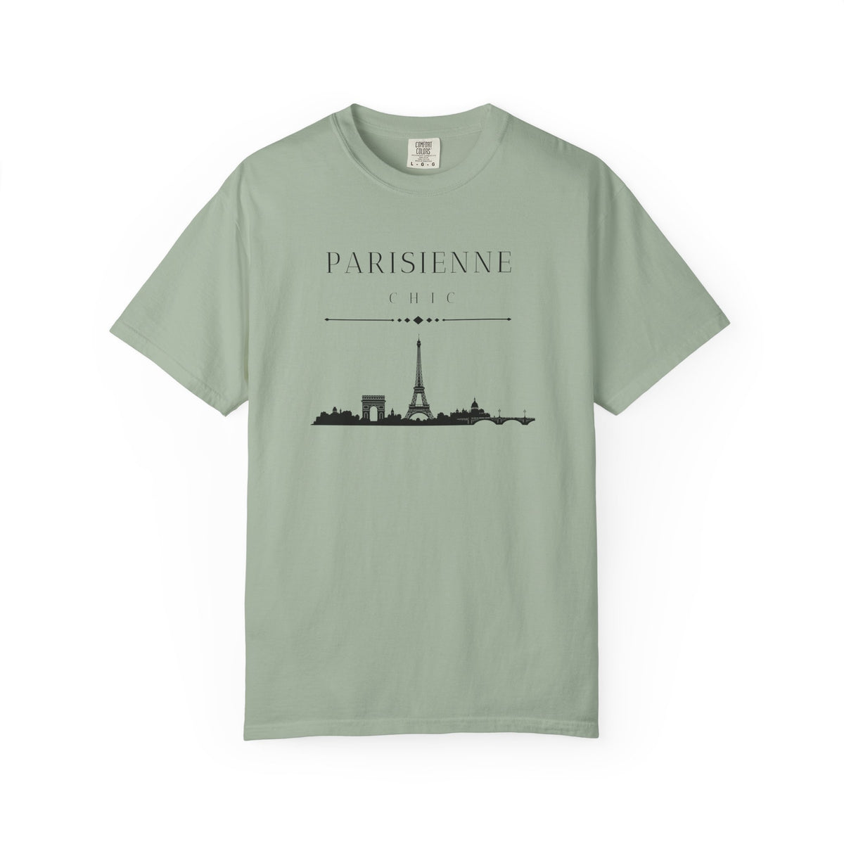 Light green short-sleeve crewneck T-shirt featuring a black PARISIENNE CHIC graphic with a Paris skyline and Eiffel Tower print, displayed against a clean white background.