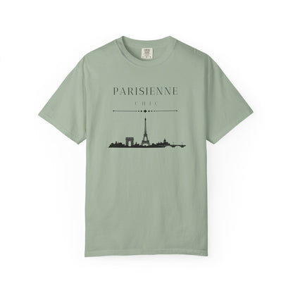 Light green short-sleeve crewneck T-shirt featuring a black PARISIENNE CHIC graphic with a Paris skyline and Eiffel Tower print, displayed against a clean white background.
