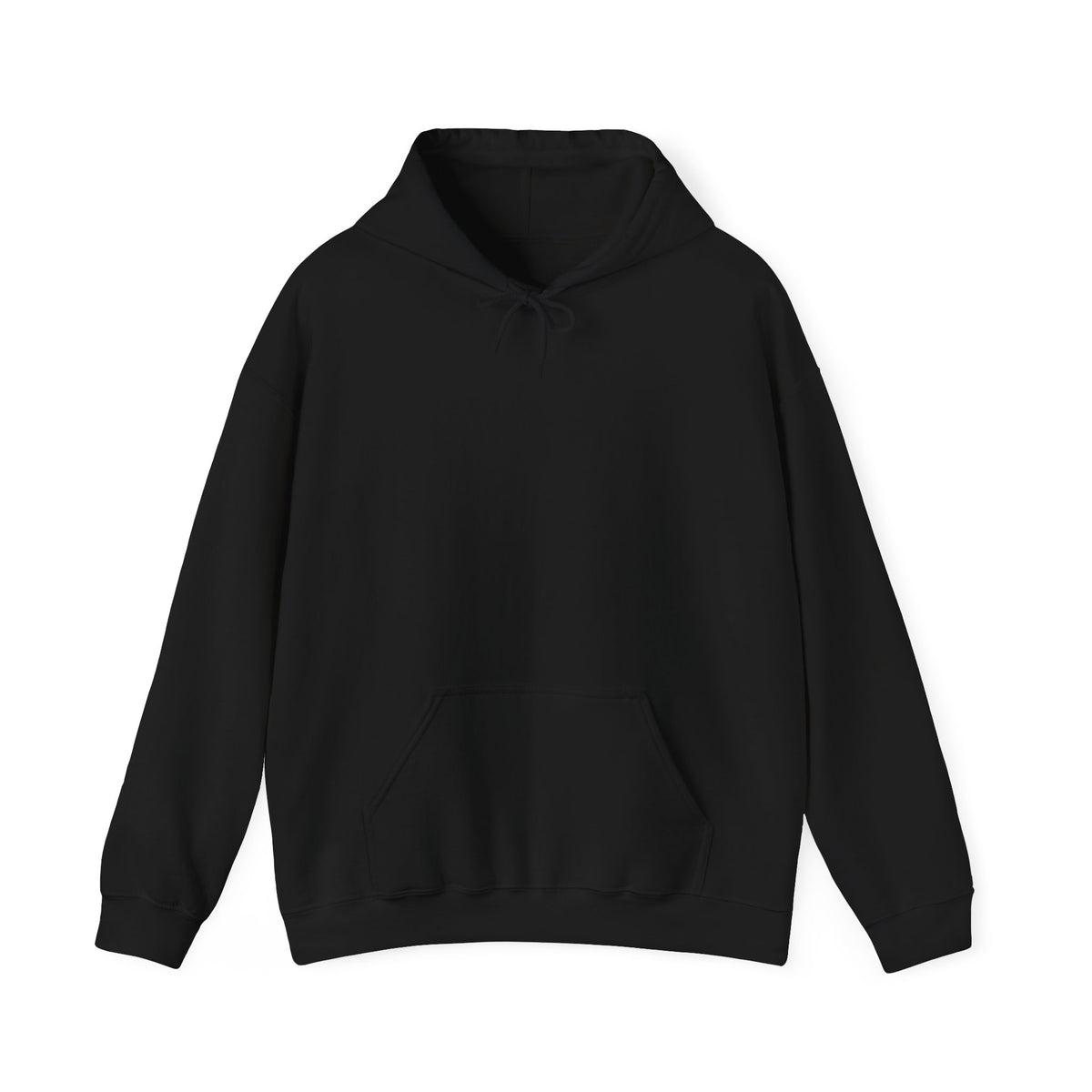 A blank black pullover hoodie from front, featuring a dark brown vertical CHIC back graphic and French-inspired typography, photographed from behind against a clean light gray studio background.