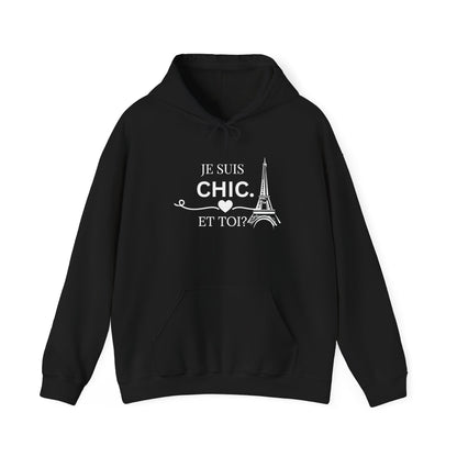 Black Je Suis Chic. Et Toi? graphic hoodie featuring white typography and an Eiffel Tower design, shown against a clean white background.