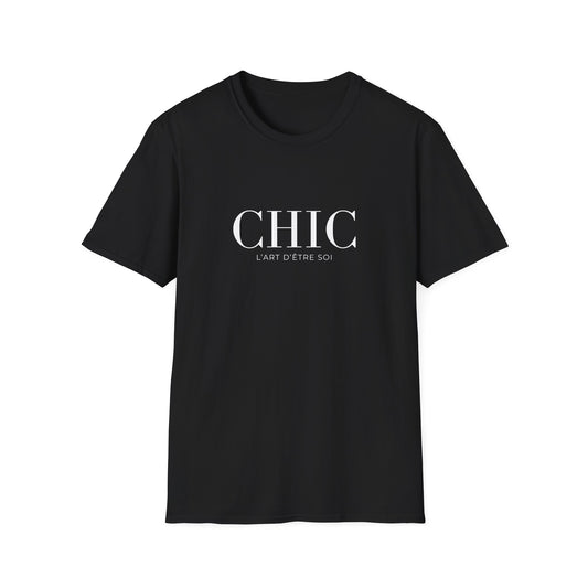 A black short-sleeve crewneck t-shirt with 'CHIC' and 'L'ART D'ETRE SOI' printed in white on the chest, displayed against a neutral gray background.