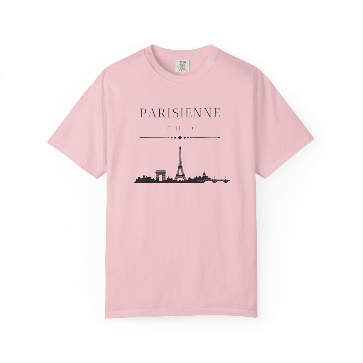 Light pink short-sleeve crewneck T-shirt featuring a black PARISIENNE CHIC graphic with a Paris skyline and Eiffel Tower print, displayed against a clean white background.