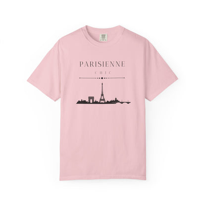 Light pink short-sleeve crewneck T-shirt featuring a black PARISIENNE CHIC graphic with a Paris skyline and Eiffel Tower print, displayed against a clean white background.