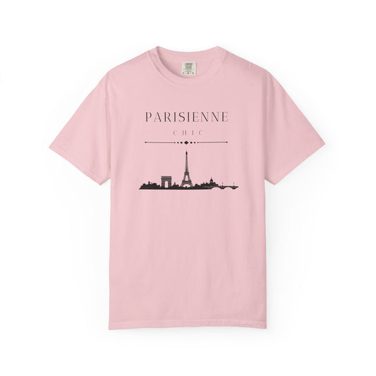 Light pink short-sleeve crewneck T-shirt featuring a black PARISIENNE CHIC graphic with a Paris skyline and Eiffel Tower print, displayed against a clean white background.
