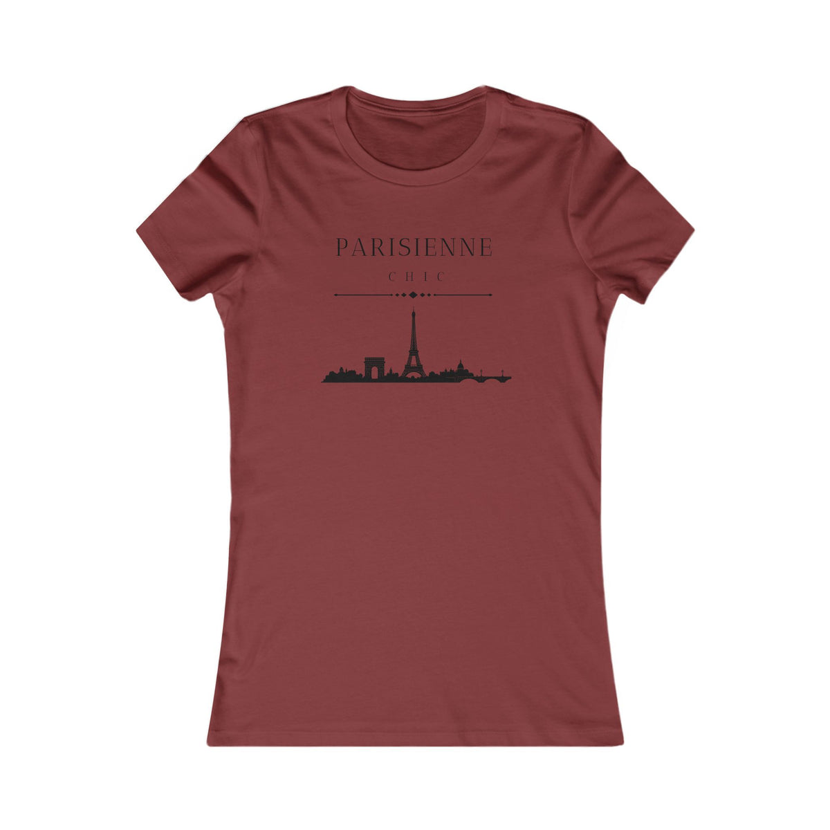 Red short-sleeve crewneck t-shirt with a black graphic of the Paris skyline and the text 'PARISIENNE CHIC' printed on the chest, displayed against a solid white background.