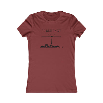 Red short-sleeve crewneck t-shirt with a black graphic of the Paris skyline and the text 'PARISIENNE CHIC' printed on the chest, displayed against a solid white background.