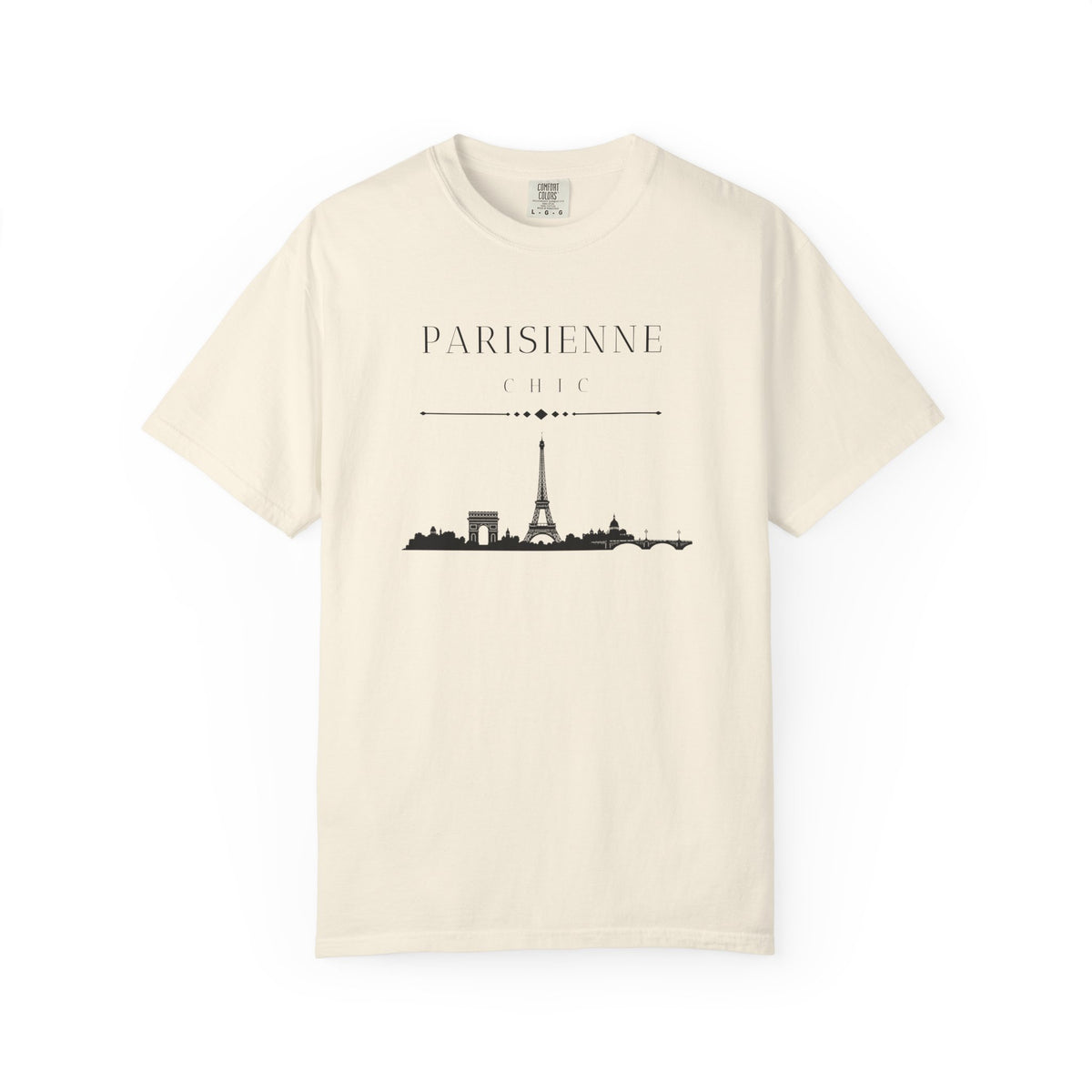 Light beige short-sleeve crewneck T-shirt featuring a black PARISIENNE CHIC graphic with a Paris skyline and Eiffel Tower print, displayed against a clean white background.
