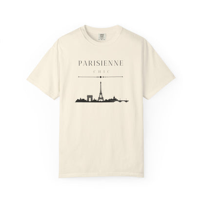 Light beige short-sleeve crewneck T-shirt featuring a black PARISIENNE CHIC graphic with a Paris skyline and Eiffel Tower print, displayed against a clean white background.