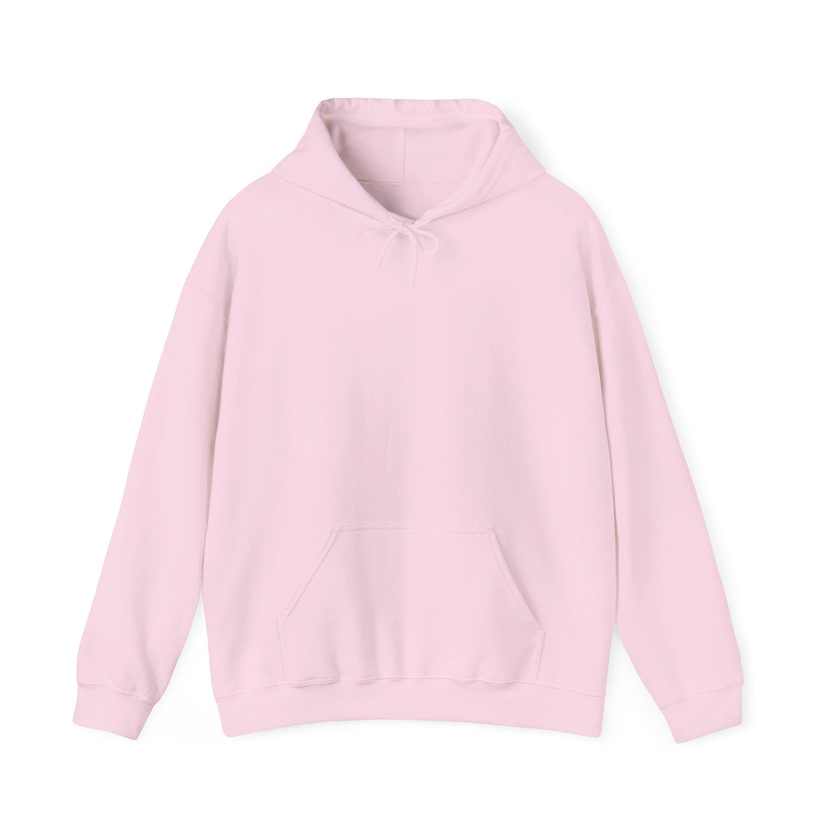 A light pink pullover hoodie from front, featuring a dark brown vertical CHIC back graphic and French-inspired typography, photographed from behind against a clean light gray studio background.