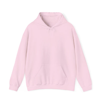A light pink pullover hoodie from front, featuring a dark brown vertical CHIC back graphic and French-inspired typography, photographed from behind against a clean light gray studio background.