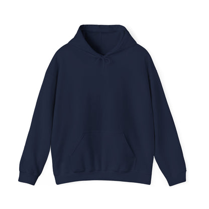 A navy blue pullover hoodie from front, featuring a dark brown vertical CHIC back graphic and French-inspired typography, photographed from behind against a clean light gray studio background.