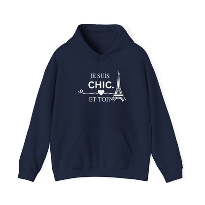 Navy Je Suis Chic. Et Toi? graphic hoodie featuring white typography and an Eiffel Tower design, shown against a clean white background.