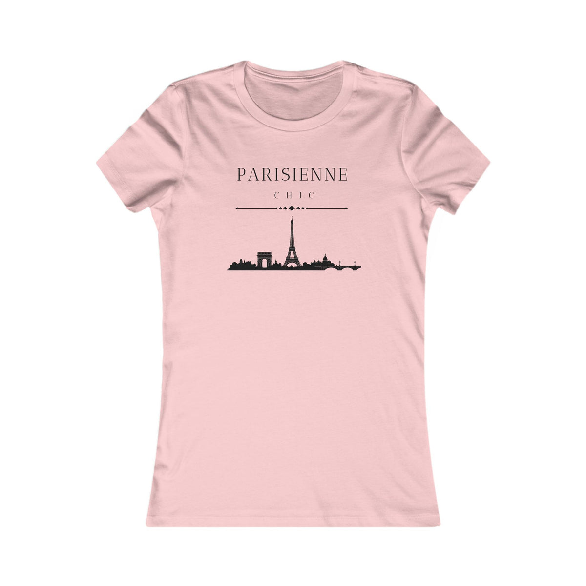 A light pink short-sleeve crewneck t-shirt with a black graphic of the Paris skyline and the text 'PARISIENNE CHIC' printed on the chest, displayed against a solid white background.