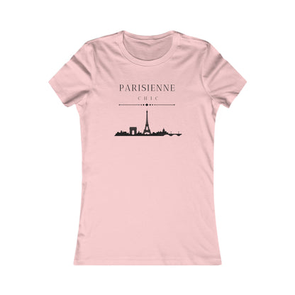 A light pink short-sleeve crewneck t-shirt with a black graphic of the Paris skyline and the text 'PARISIENNE CHIC' printed on the chest, displayed against a solid white background.