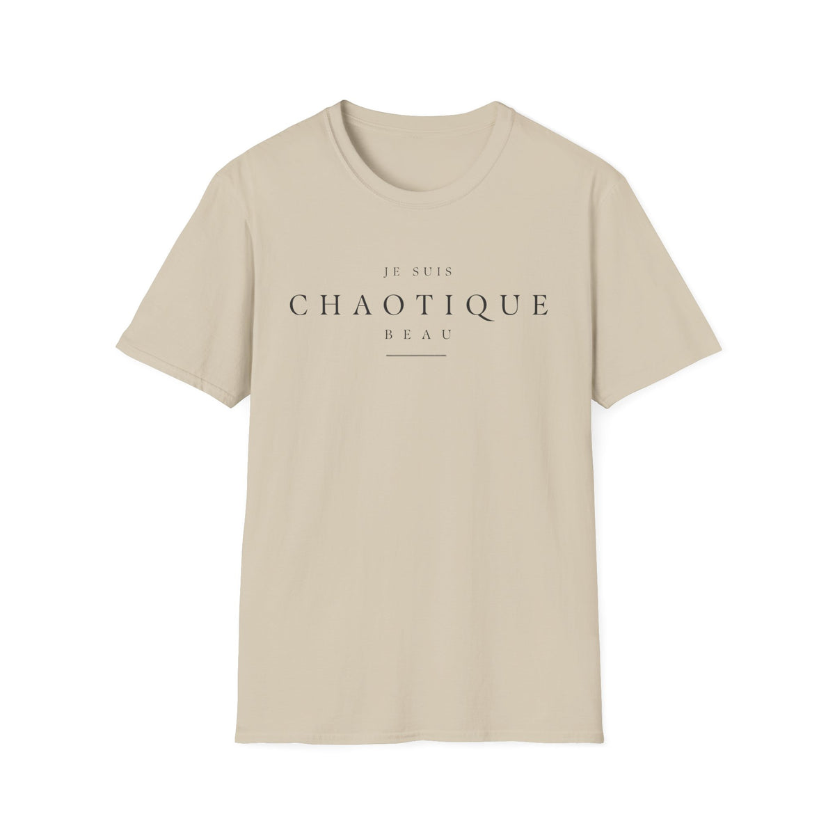 A sand beige Je Suis Chaotique Beau graphic T-shirt photographed against a clean white studio background.