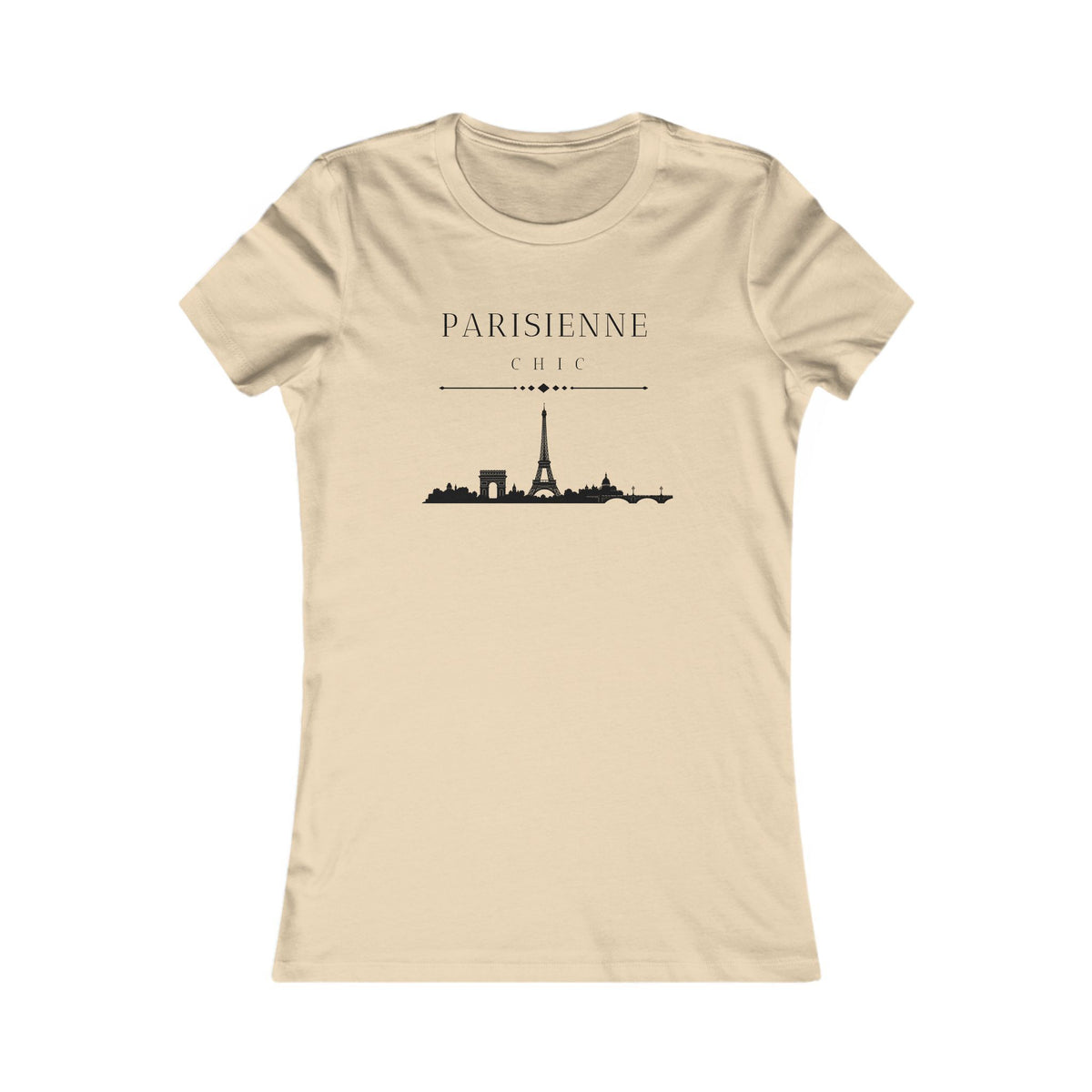 A beige short-sleeve crewneck t-shirt featuring a black graphic of the Paris skyline with the text 'PARISIENNE CHIC' printed on the chest, displayed against a solid white background.